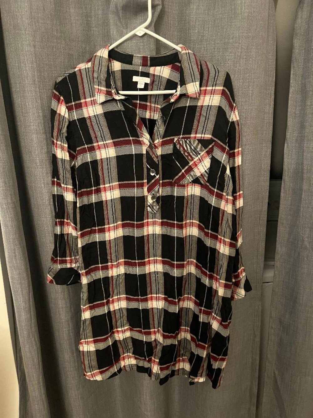 J.Jill XL Petite Black Red Cream Plaid Shirt Dress Collared Half Button Roll Tab